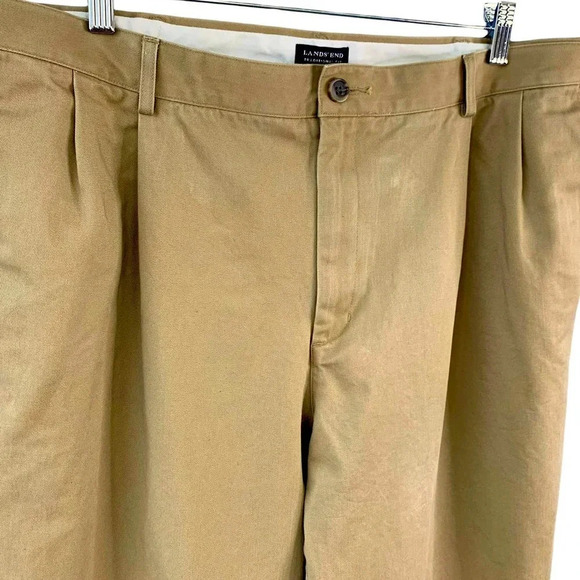 Lands' End Traditional Fit Pleated Chino Pants Men Size 38 Khaki Straight Leg - Picture 6 of 16